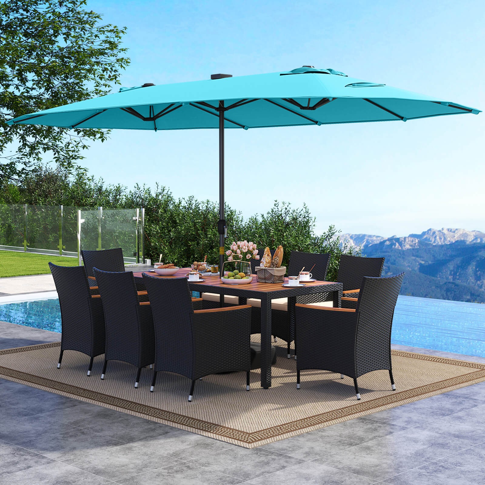 11 PCS Patio Dining Set with 15ft Double-Sided Patio Umbrella (Base Included)
