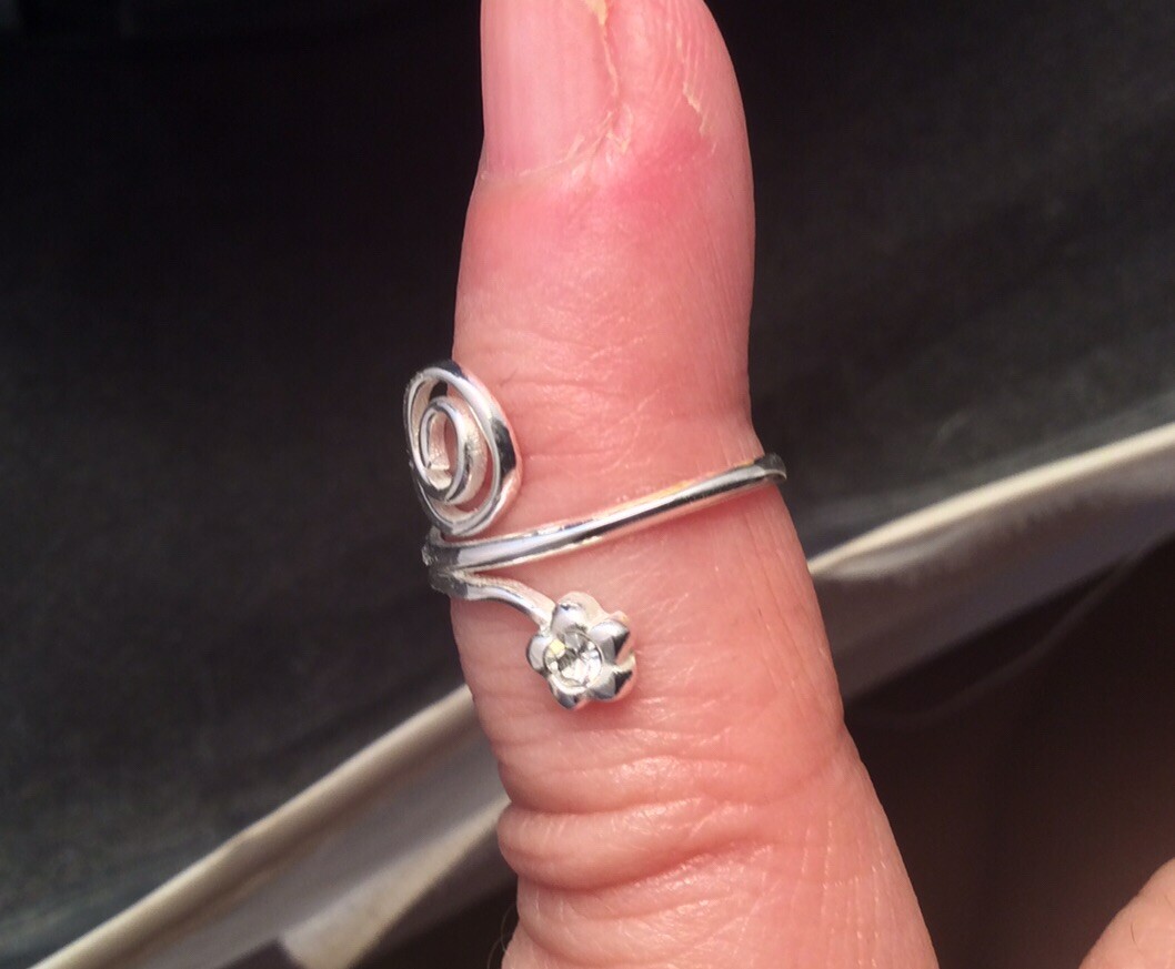 Sterling silver Adjustable Flower Rhinestone Scroll Toe Band Ring Signed HAN