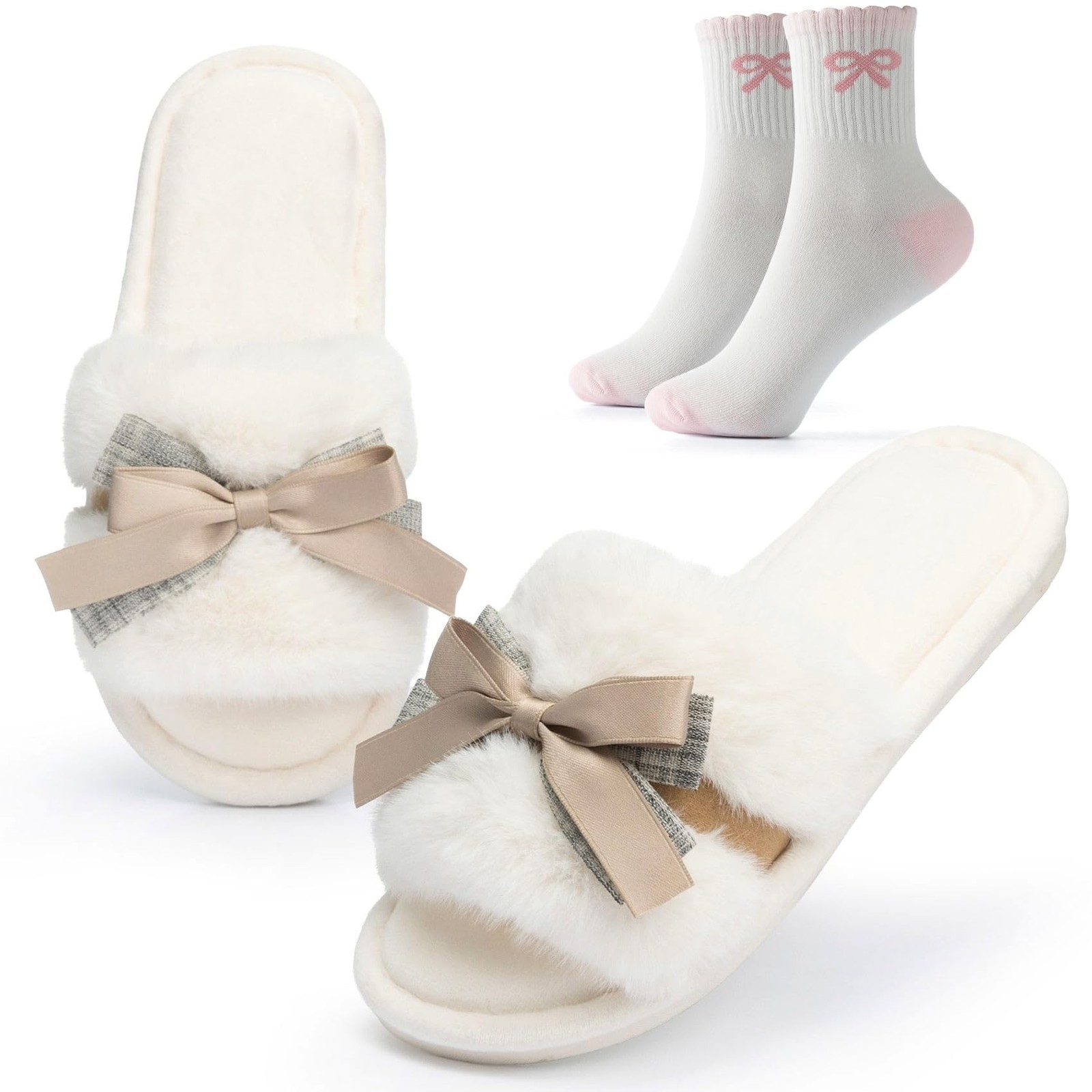GOEWY House Slippers for Women Crew Socks Gift Set Fuzzy 7-8, Beige