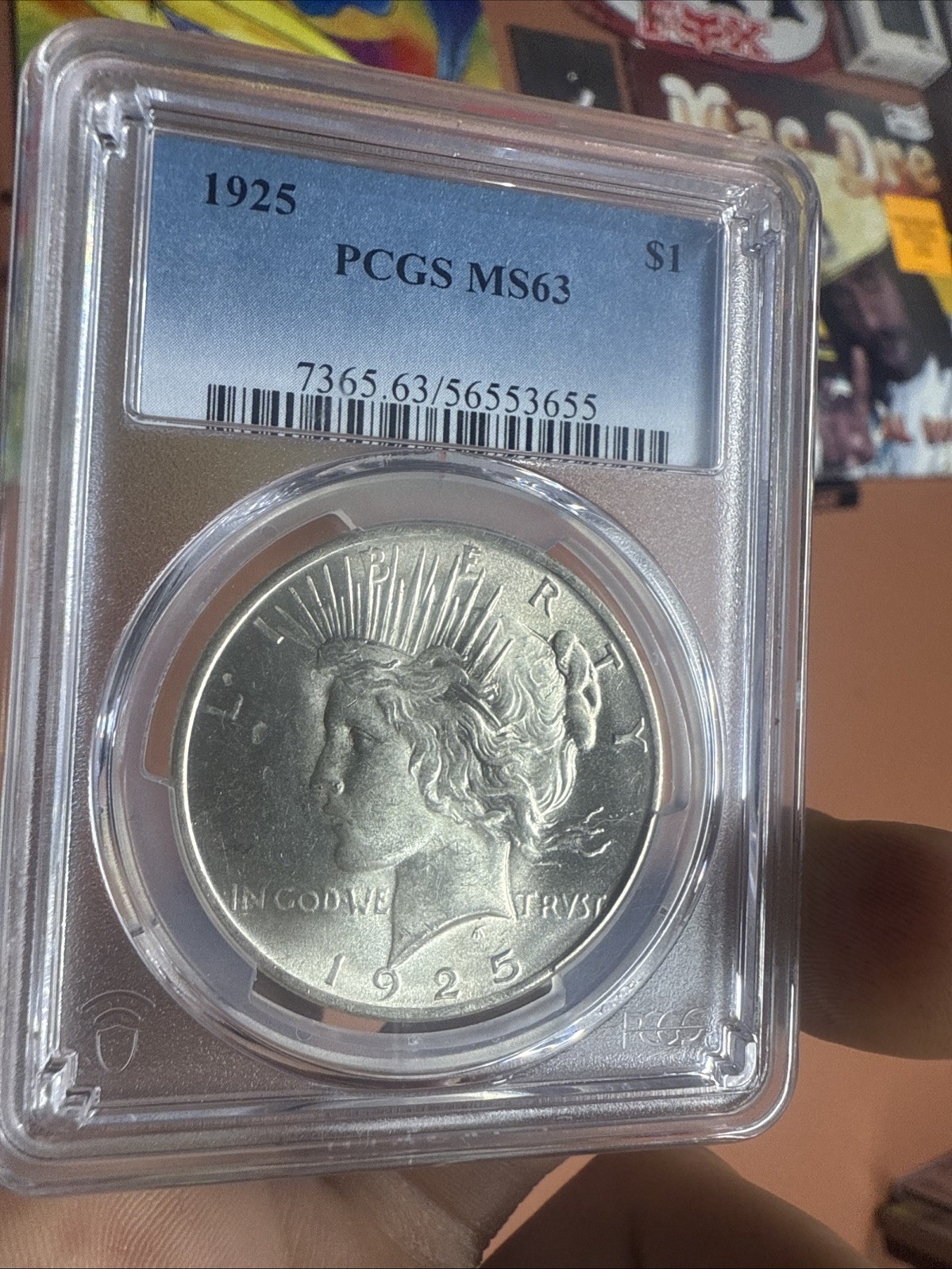 1925-P Peace Dollar PCGS MS63 Graded Holder 5 5’s Serial 5 5’s 3/6/55 Ms63 1925