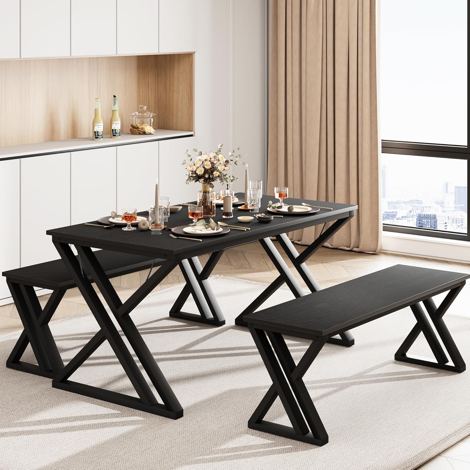 Kitchen Room Table Set with Benches 55.1" Dining Table Set for 4 People