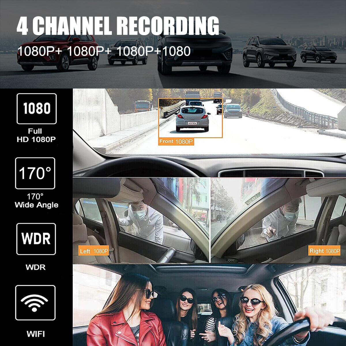 4 Channel Car Dash Cam HD 1080P WiFi DVR Video Driving Recorder Night Vision NEW