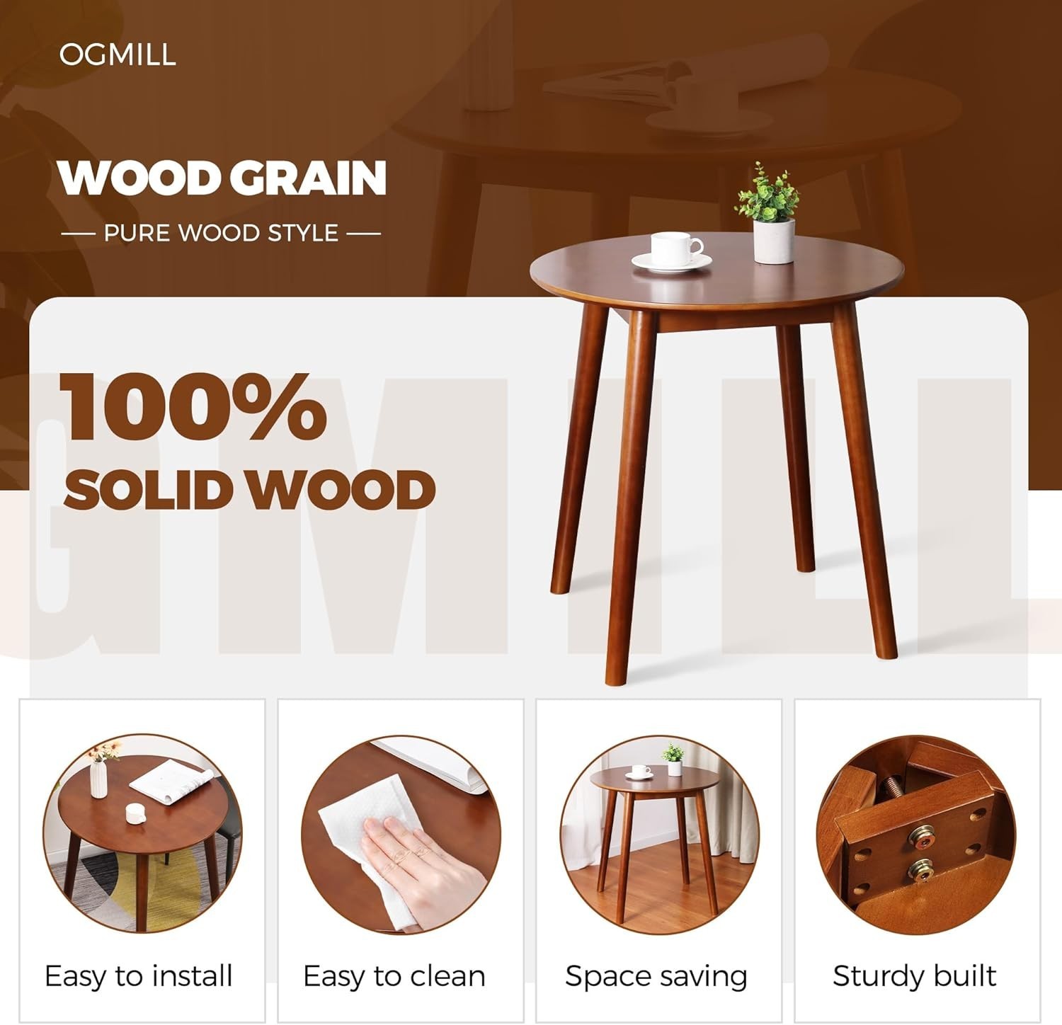 28.3" Small Round Dining Table 2 Wooden Space-Saving Kitchen Dinner Table Rustic