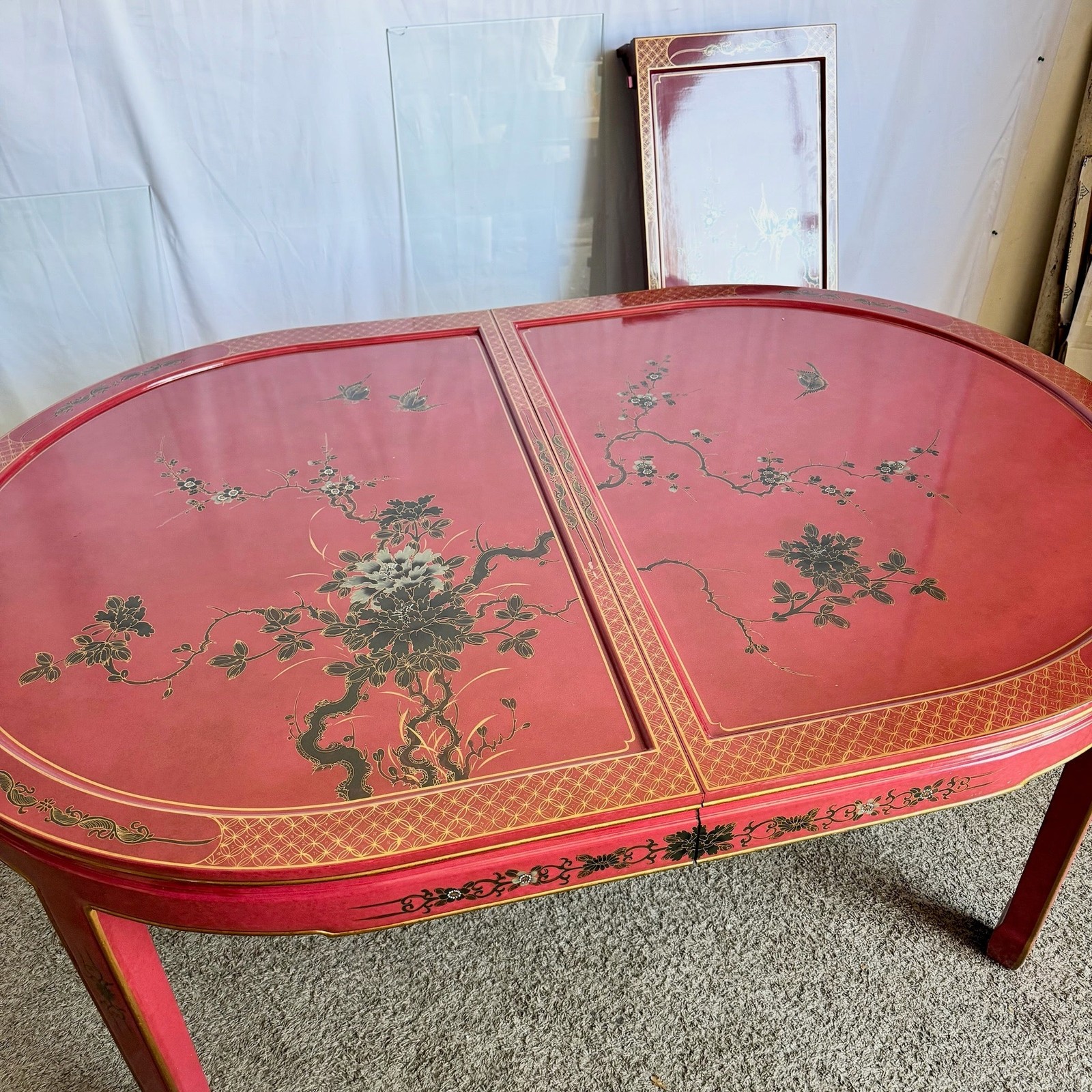 Chinese Red and Gold Lacquered Hand Painted Extendable Dining Table With Glass