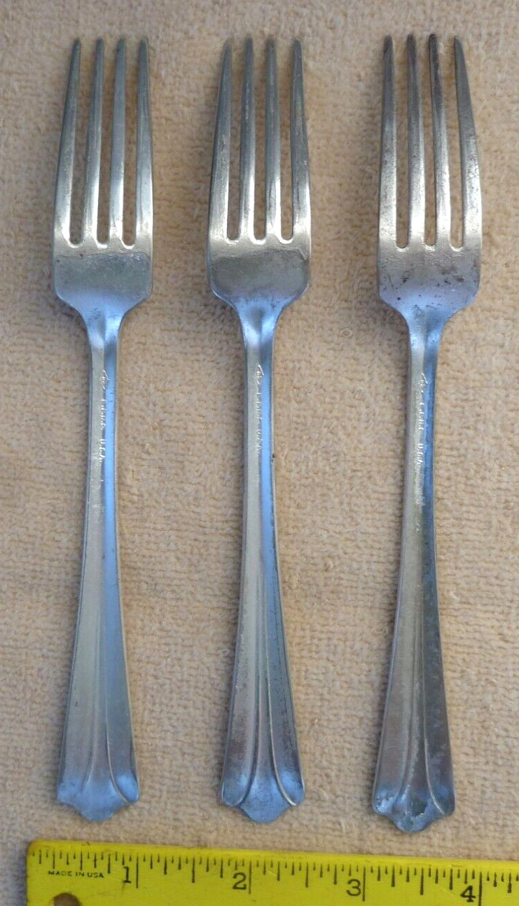 D3 E.P.N.S. U.S.A. Dinner Forks 7" unknown pattern set of 3 with plating wear