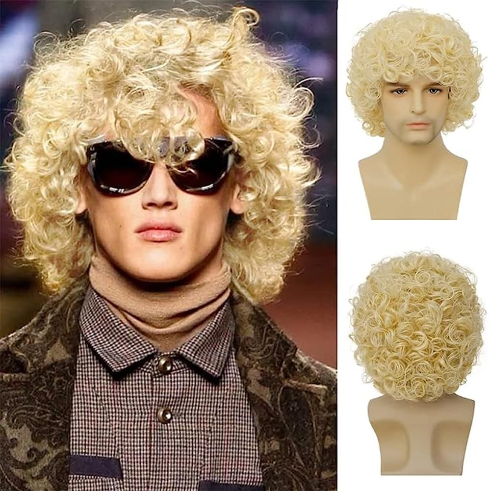 Mens Curly Light Blonde Afro Wig Short Fluffy Rocker Wigs
