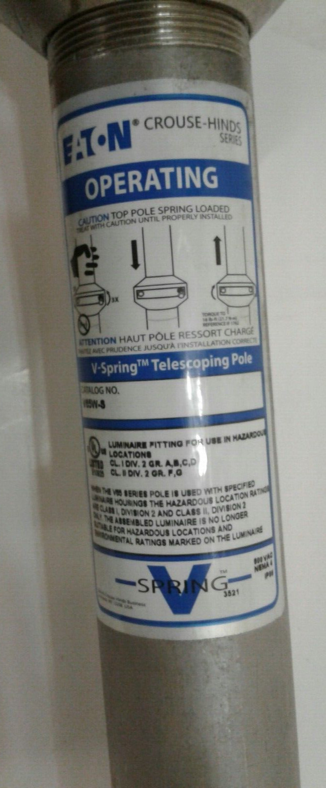 Eaton V65W-S V-Spring Telescoping Safety Light Pole Kit Wall Mt. Stainless Steel