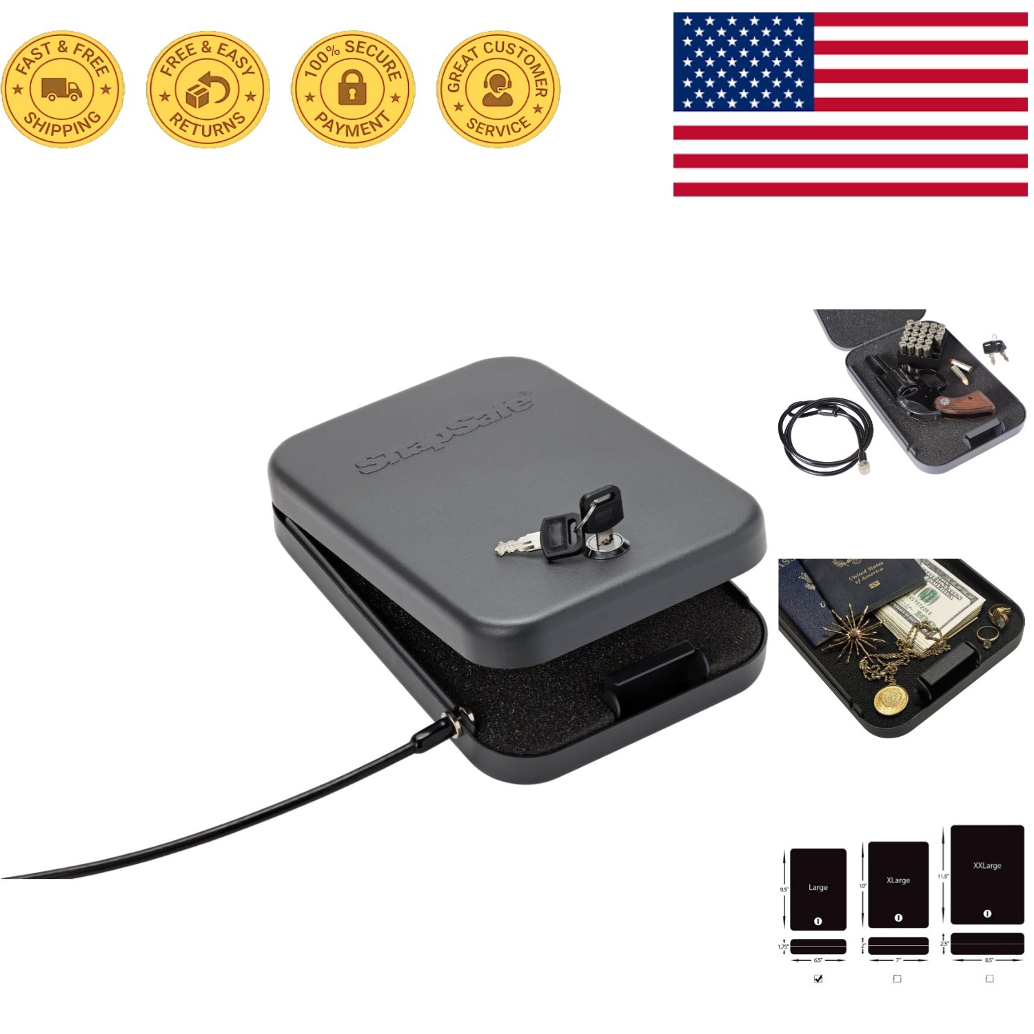 Durable Portable Lock Box with Security Cable & Foam Interior – Ideal Car Safe