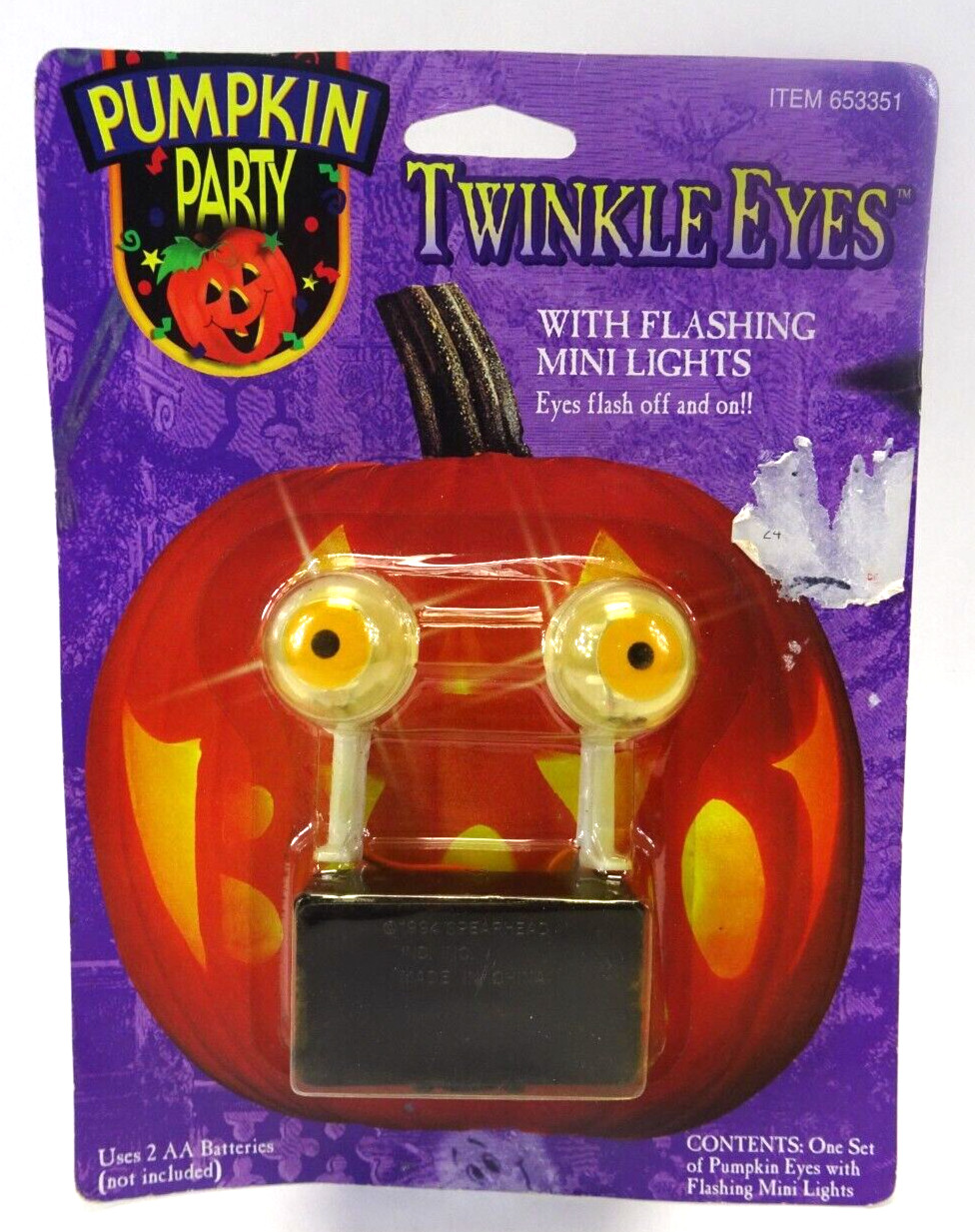 Vintage 1995 Pumpkin Party TWINKLE EYES Halloween Pumpkin Decor Flashing Lights