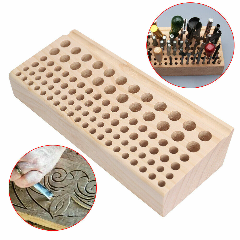98 Holes Leather DIY Craft Wood Tool Holder Rack Wooden Stamp Stand Organizer US