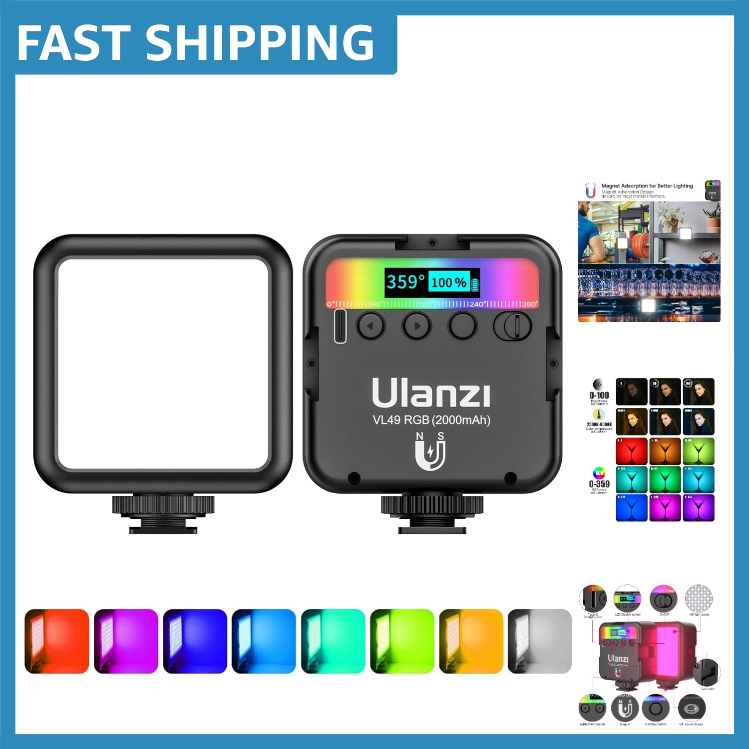 Dimmable VL49 RGB LED Camera Light with 2000mAh Battery & Magnetic Design