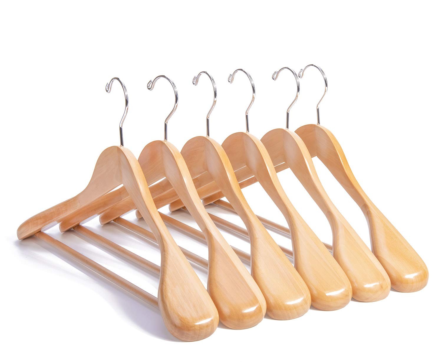 6 Pack Natural 16 Inch Wooden Suit Jacket Hangers Anti Slip Bar Screw Pin