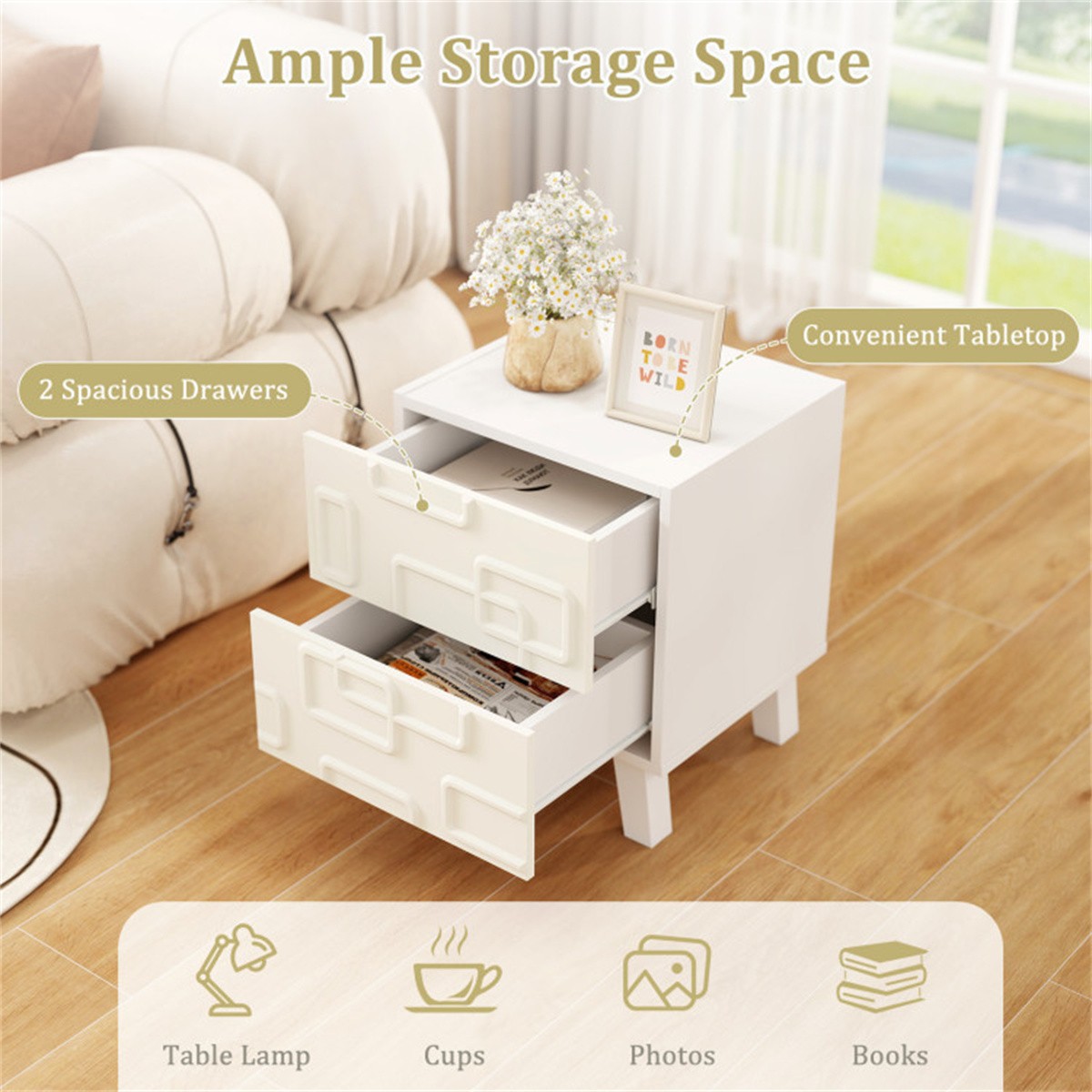 White Modern Nightstand Side Table with Drawers