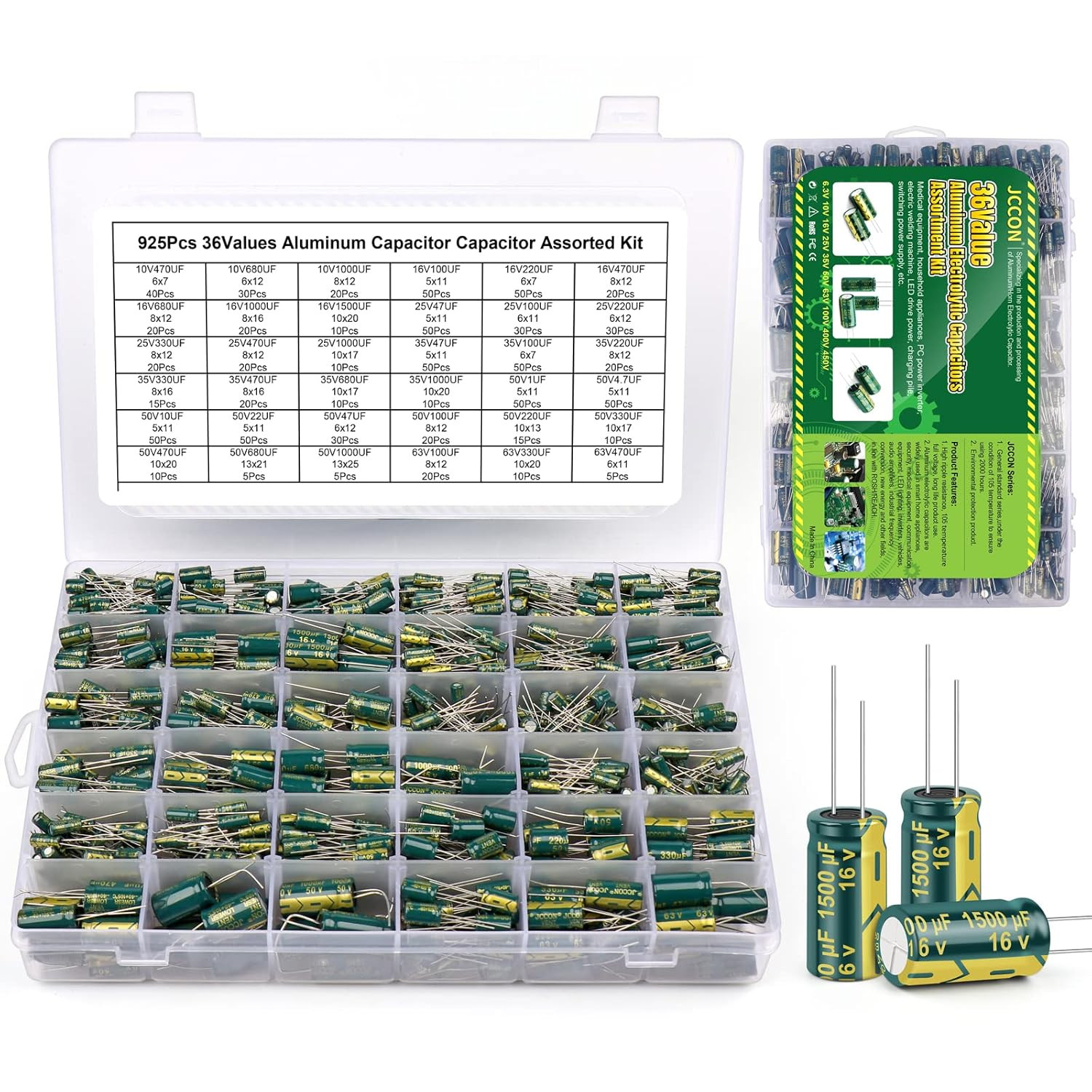 925PCS Electrolytic Capacitor Assortment Kit 36 Values 1uF-1000uF 63V Box