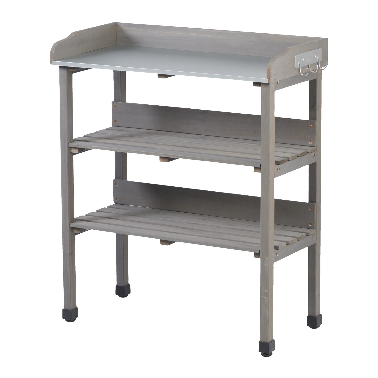 Potting Table with Metal Top, 3-Tier Solid Wood Workbench, 30.5" L