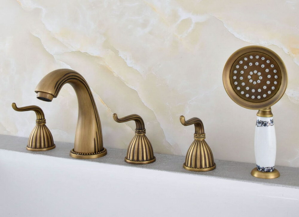 Antique Brass Bath 5-holes Roman Tub Faucet Mixer Tap With Hand Spray Shower