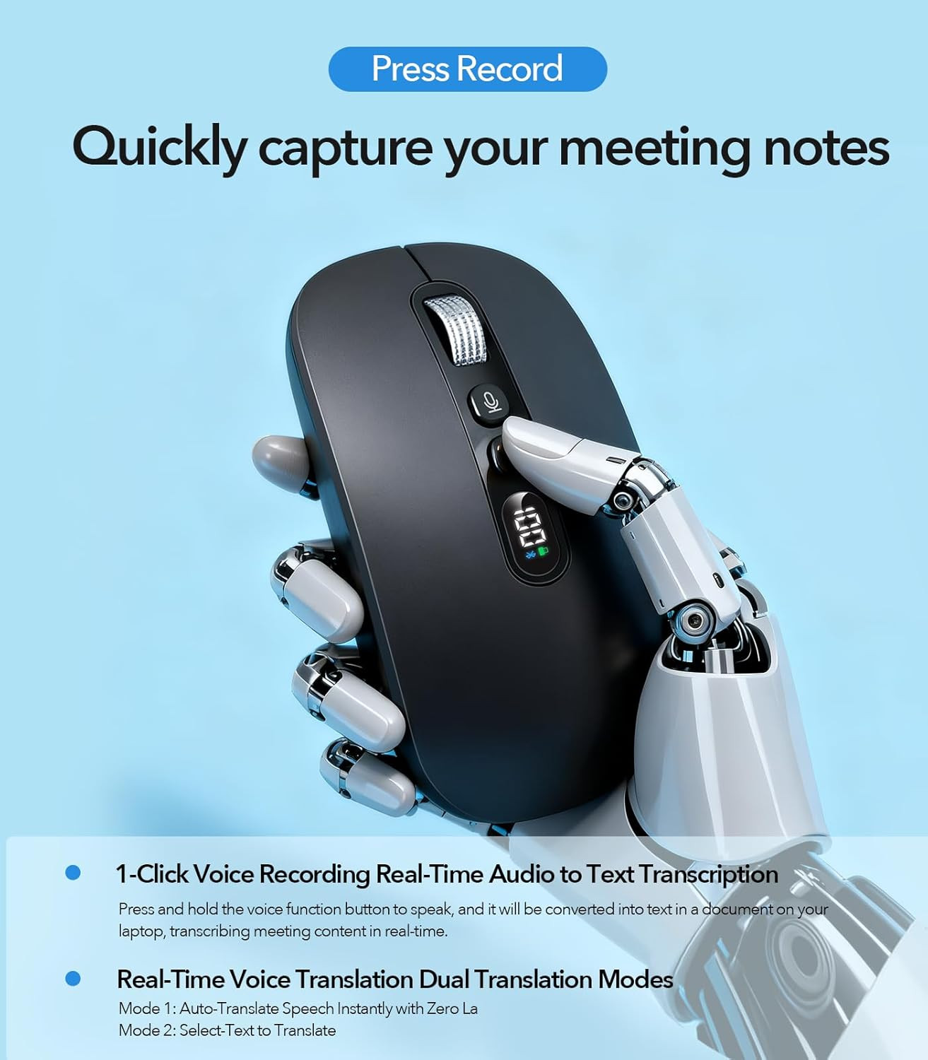 AI Wireless Mouse with Voice & Audio Recorder， Wireless Bluetooth Mouse for Macb