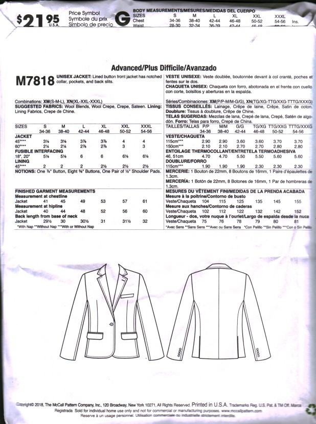 7818 UNCUT McCalls SEWING Pattern Misses Lined Button Front Unisex Jacket Mens