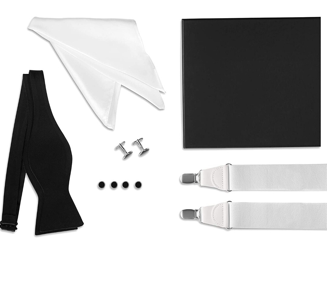 Tuxedo Set - White Suspenders, Cufflinks & Studs, Bow Tie, Pocket Square & Box