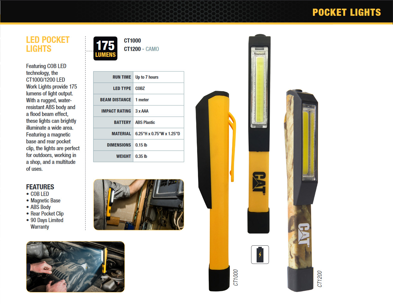 CAT Work Lights CT1200 Pocket COB LED Flood Beam Work Light - 175 Lumen