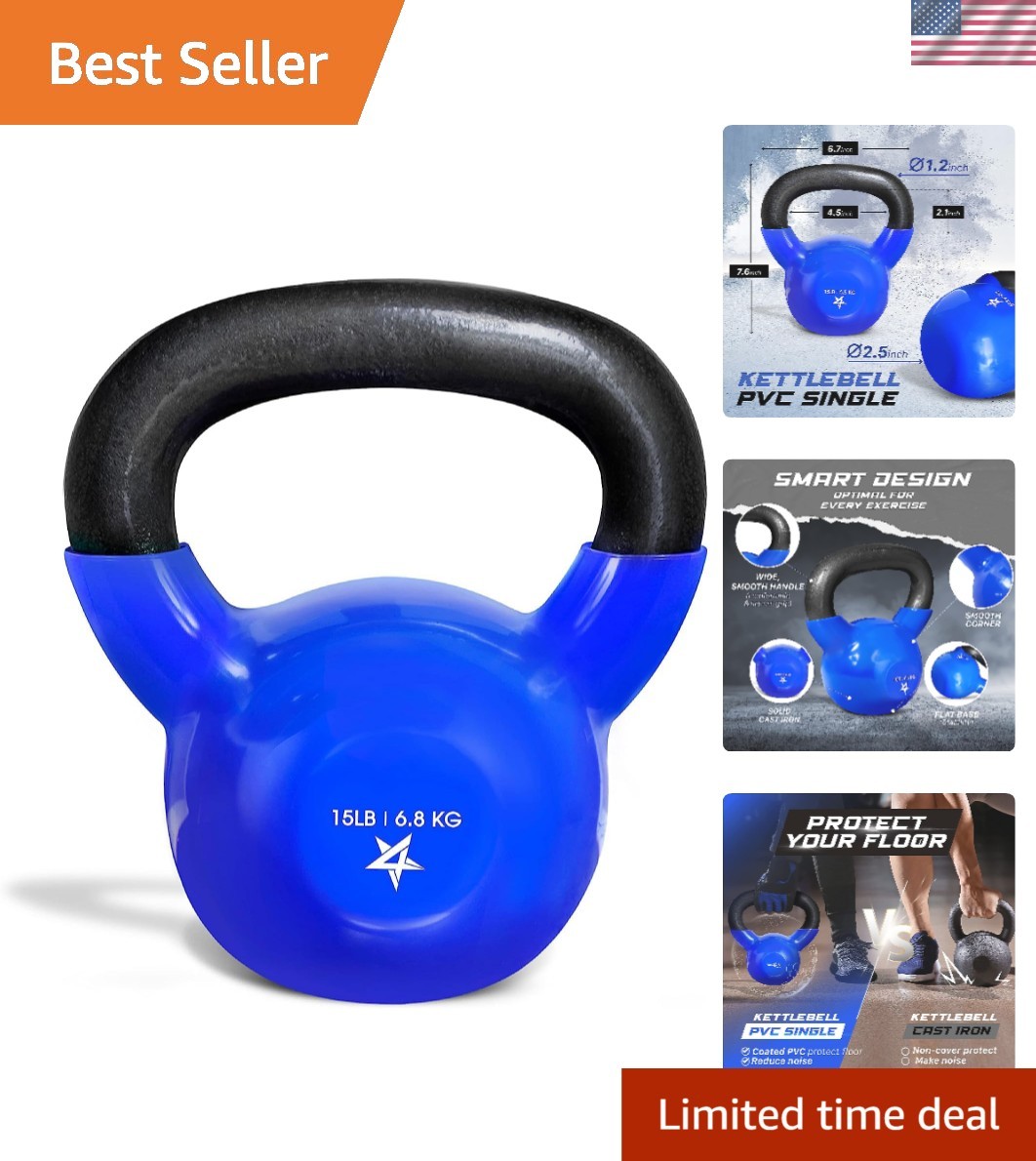 Kettlebell, 5-100 LB Vinyl Coated Cast Iron Strength Training Kettlebells for...