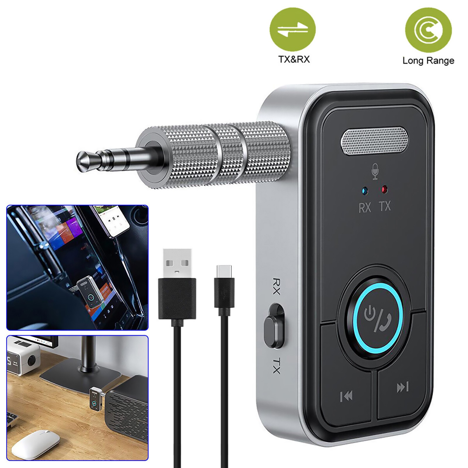 3.5mm USB Wireless Bluetooth 5.3 Transmitter Receiver Audio Aux Adapter 2in1