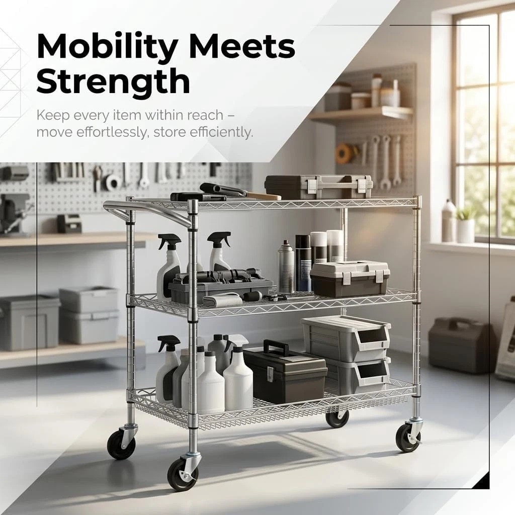 Durable 3 Tier Utility Cart with Push Handle - Ideal for Kitchen & Warehouse Use