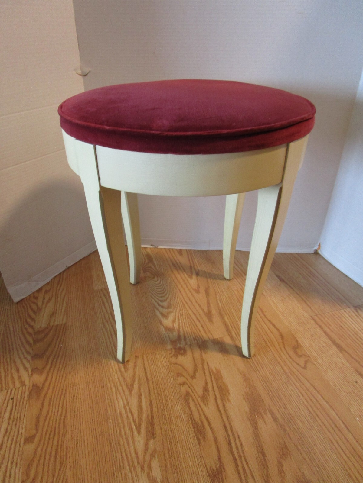 Vintage MCM Herald Furniture round stool wood framed padded velvet top NY. 1950s