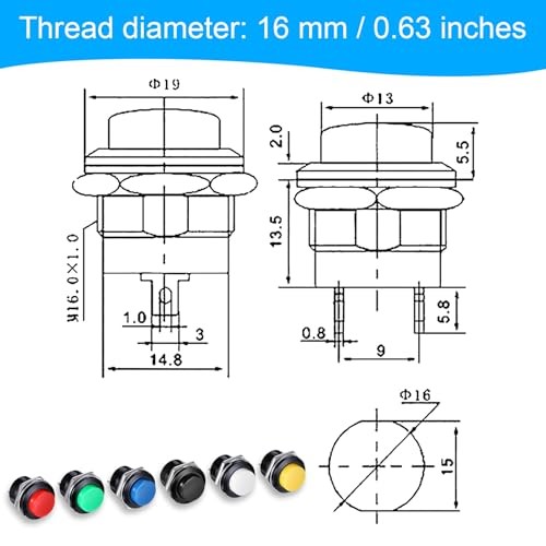 24 Pcs 16MM 5/8" Momentary Push Button Switch, High Round Waterproof Metal