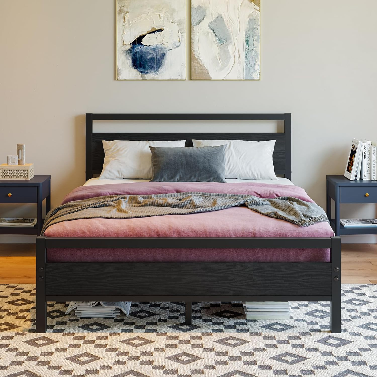 Heavy Duty Full Size Bed Frame with Wood Headboard & Storage, Black