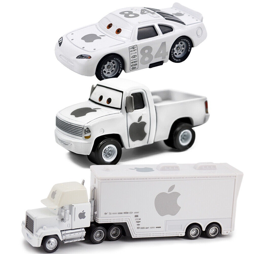 3PCS Disney Pixar Cars McQueen Film NO.84 White Apple Truck&Pickup&Car