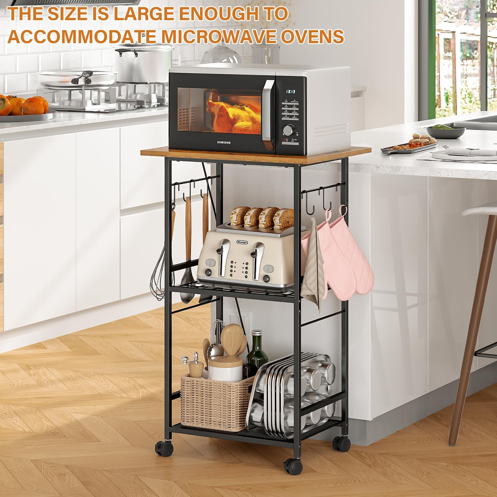 Rolling Kitchen Microwave Cart 3 Tier Table Stand Adjustable Shelf Organizer