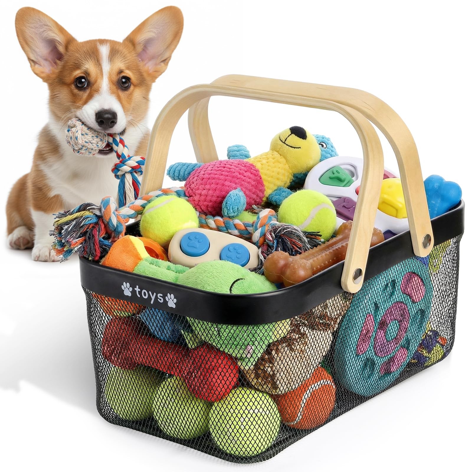 Metal Dog Toy Basket, Toy Bins with Handles, 15.8''L x 9.6''W x 7''H
