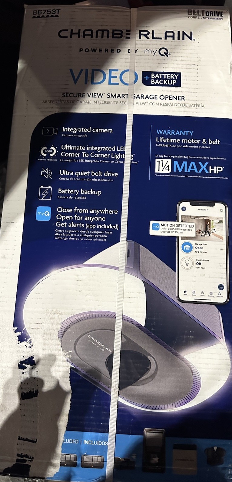 CHAMBERLAIN  1-1/4 HPS myQ Ultra Quiet Smart  Belt drive garage door Open B6753T