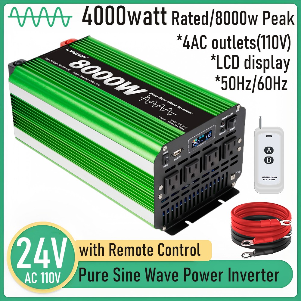 24V to 110V 4000W 8000W Pure Sine Wave Power Inverter 4AC LCD w/Remote Control