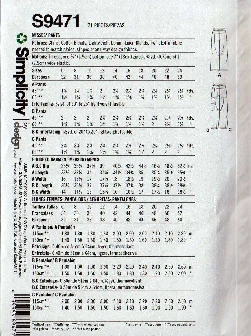 Simplicity 9471 Cropped Pants Sewing Pattern Misses Size H5 U5 New