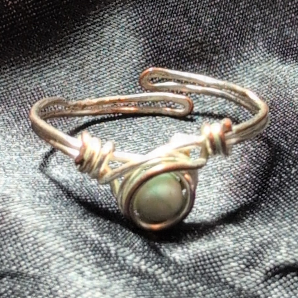 Handcrafted Silver Tone Wire Wrapped White Opal Round Bezel Ring Adjustable #308