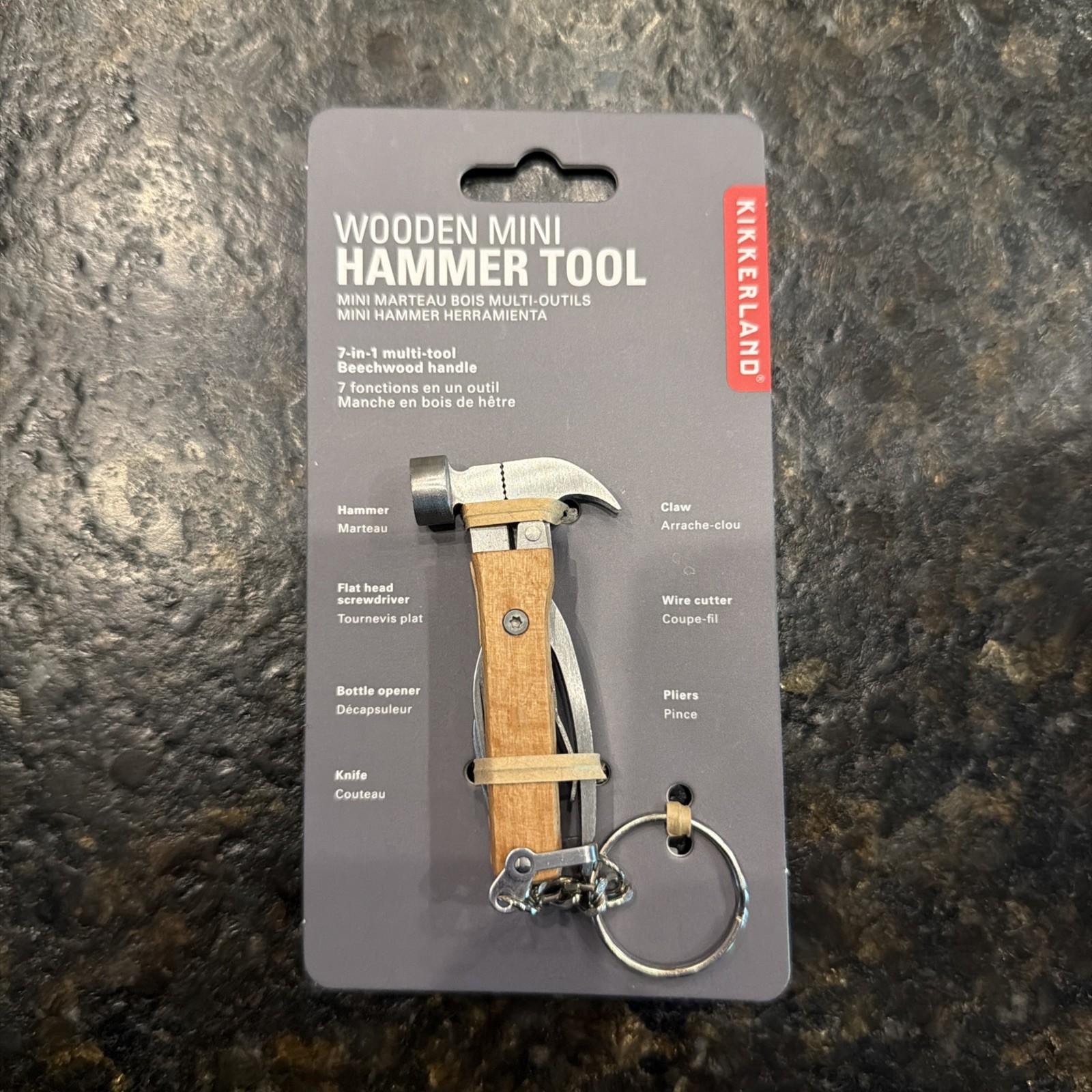 Kikkerland KR13-W Mini Wooden Hammer Tool Keyring 7 in 1 Bottle Opener Knife