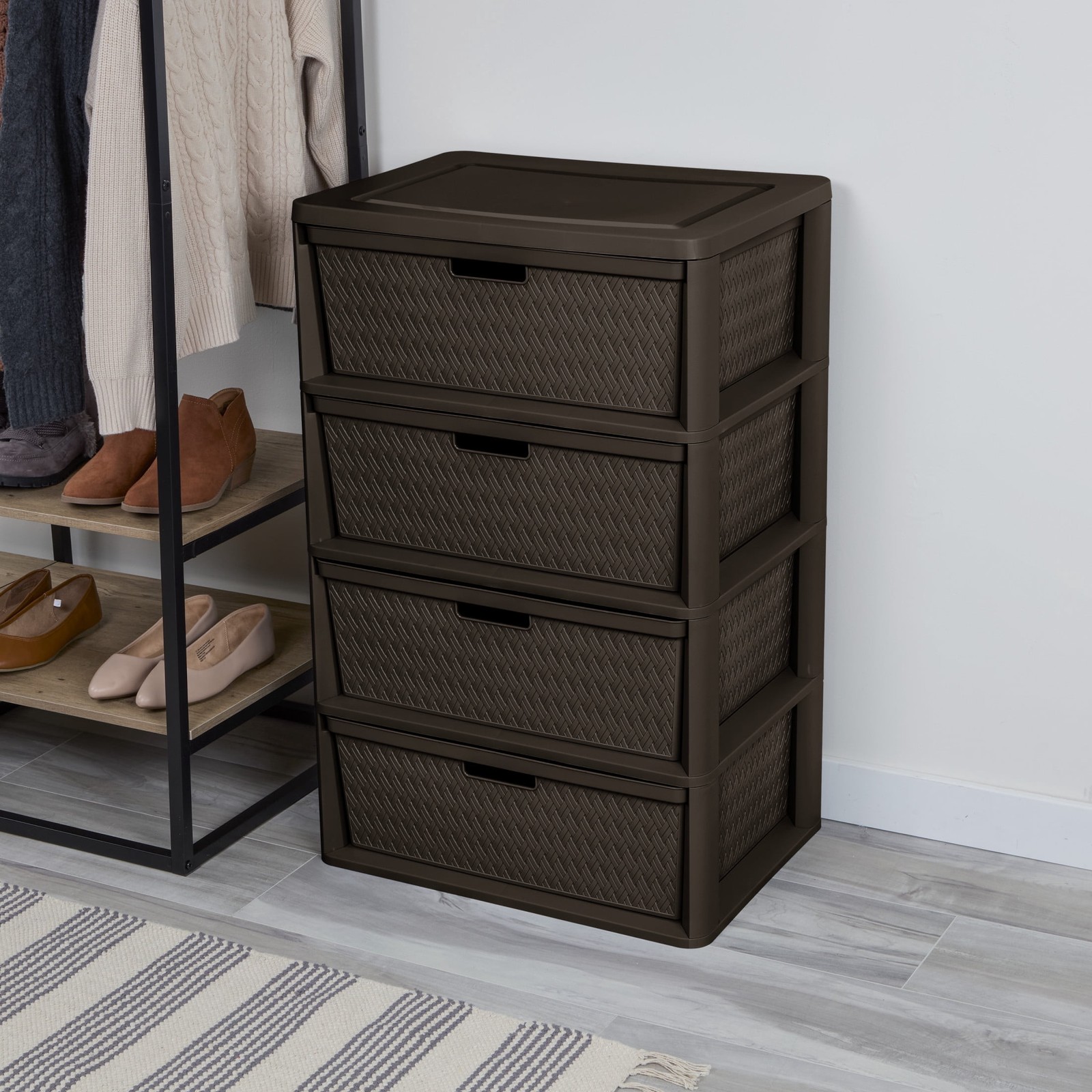 Wide 4 Drawer Tower Easy to Assemble W/ Removable Decorative Cross-Weave Plastic