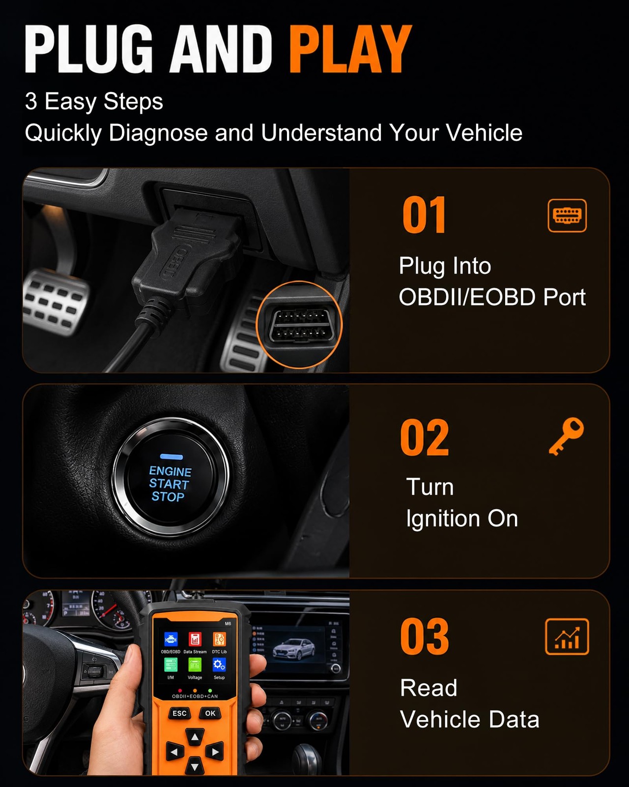 Vecooneen OBD2 Scanner M6,Car OBDII Diagnostic Code Reader,with Orange