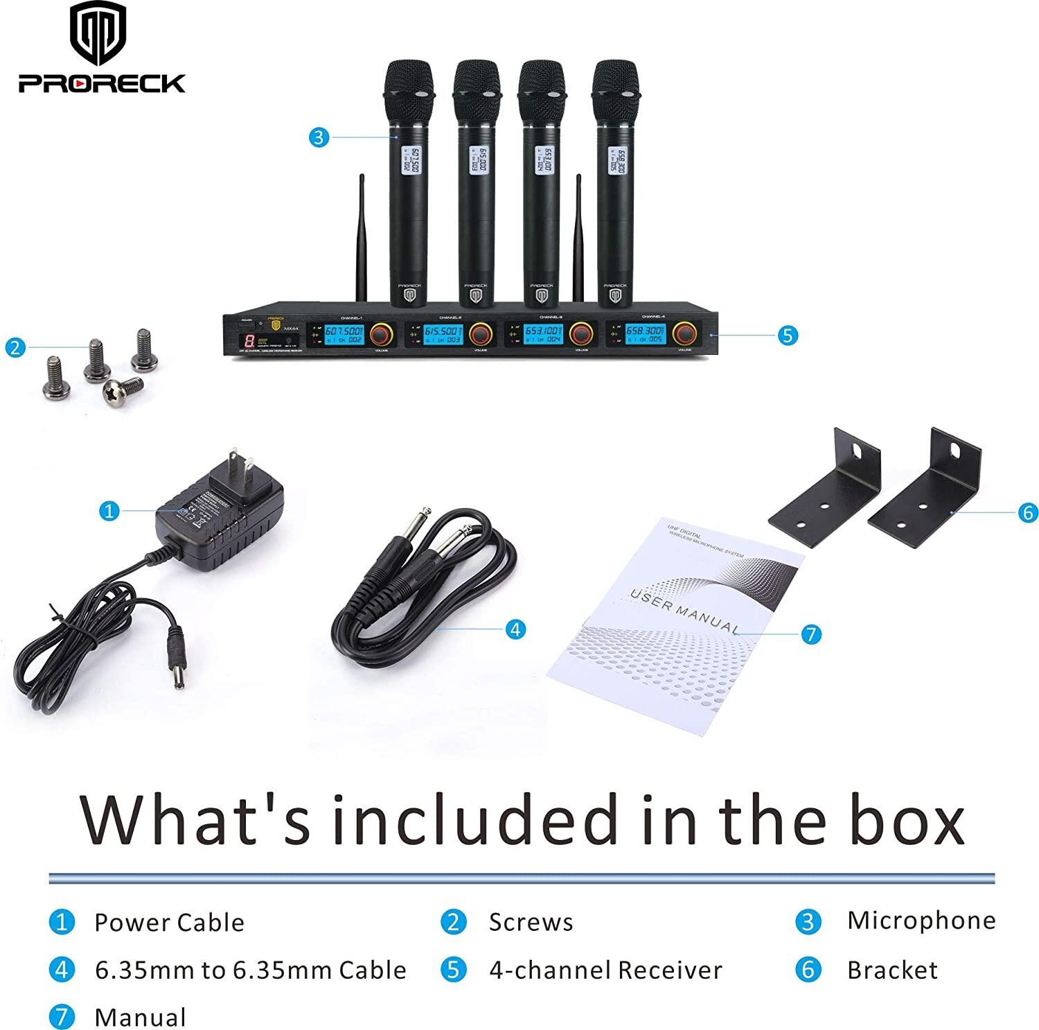 PRORECK MX44 4 Channel UHF Wireless Microphone System with 4 Handheld Mics