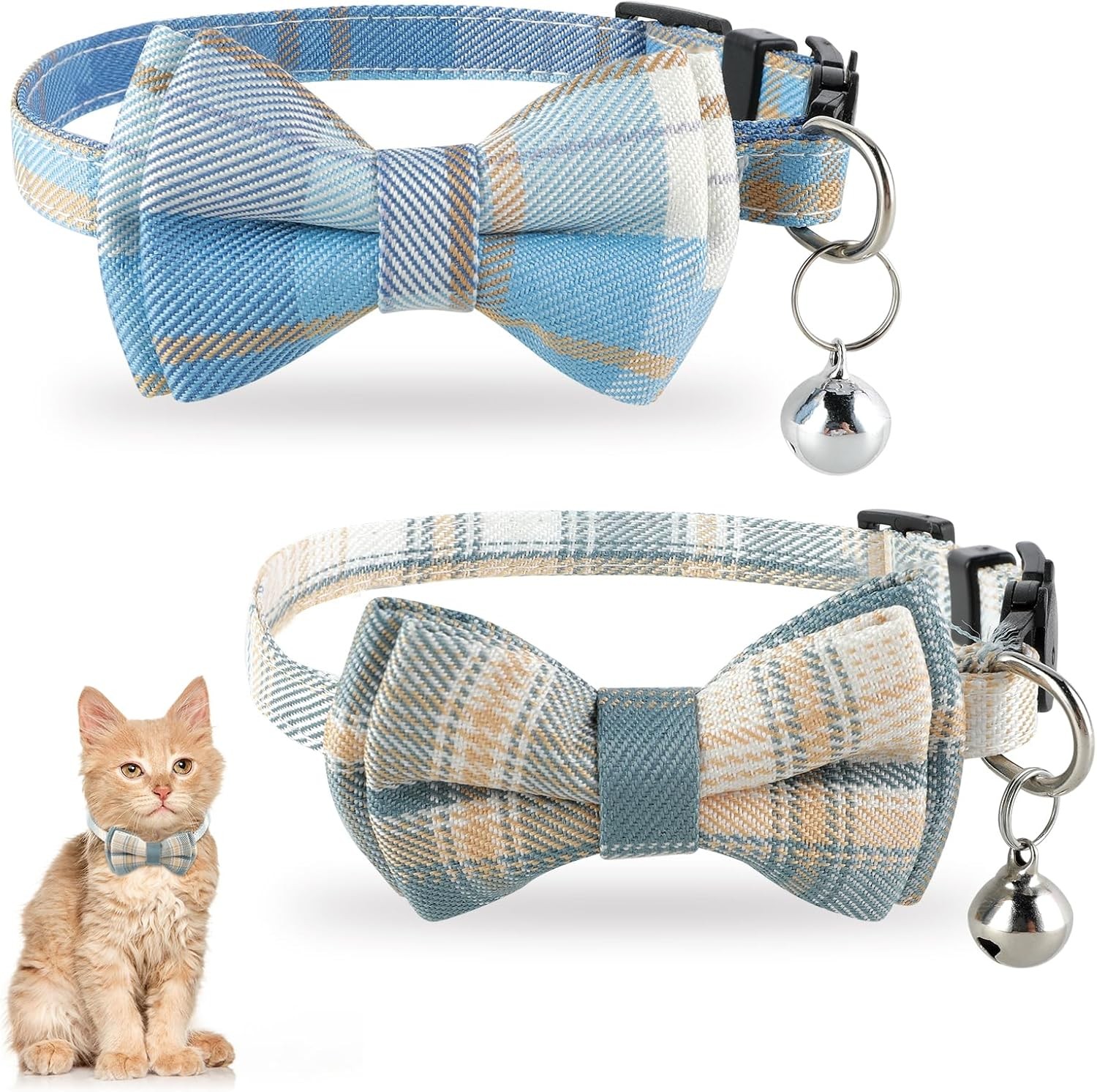 Jeffdad 2Pcs Cat Collar Breakaway, with Bells Blue and white plaid