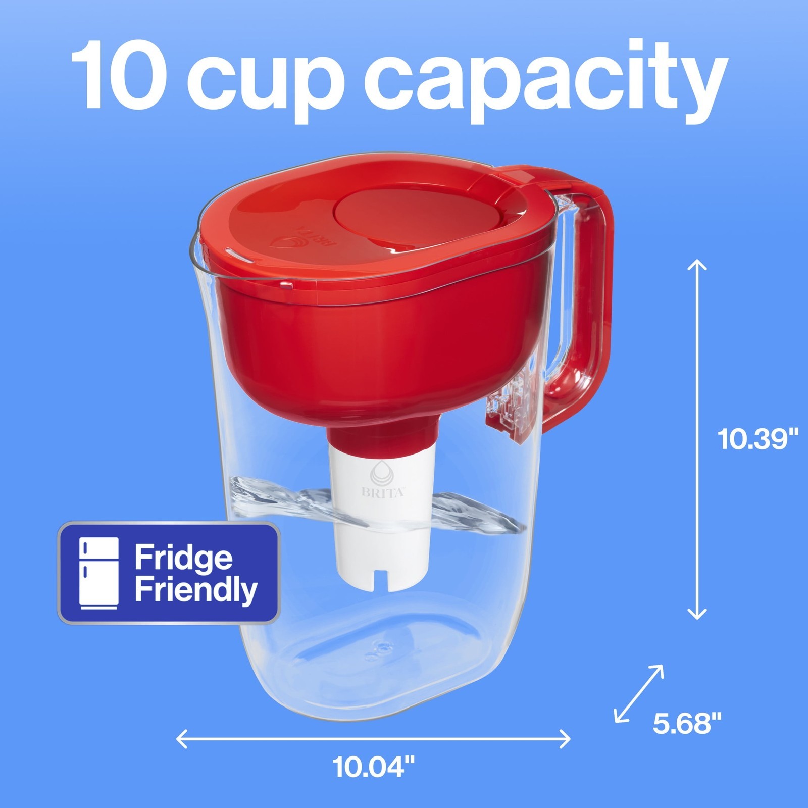 Large 10 Cup Red Huron Water Filter Pitcher with 1 Standard Filter Without BPA