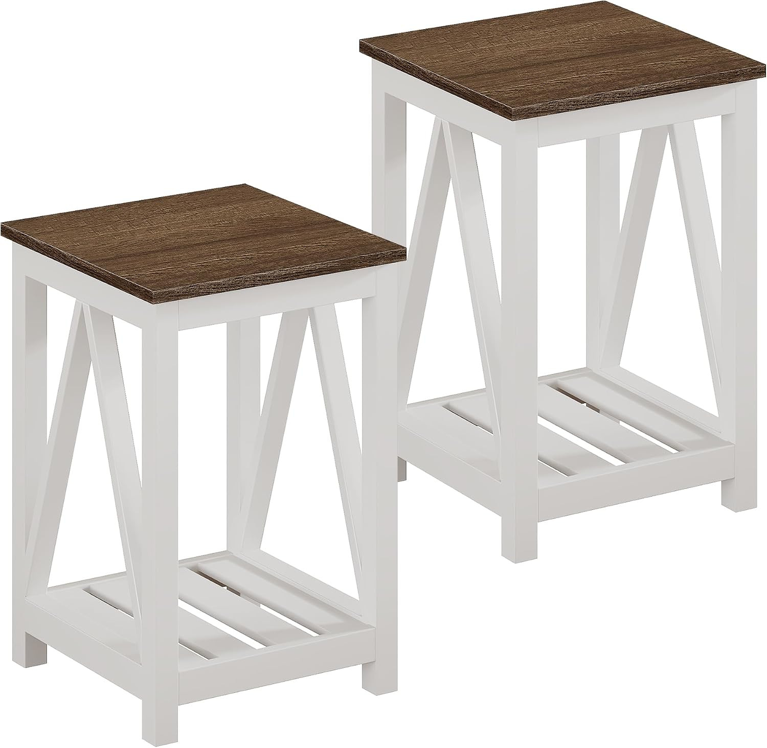 Farmhouse End Tables Set of 2 with Storage Shelf | Rustic Vintage End Side Table