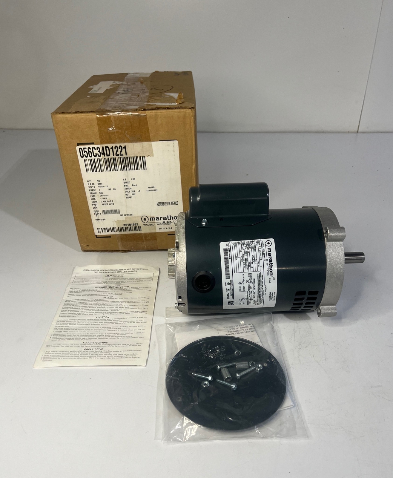 ONE (1) MARATHON 1/2HP 3450RPM General Purpose Electric Motor 56C34D1221E (NEW)