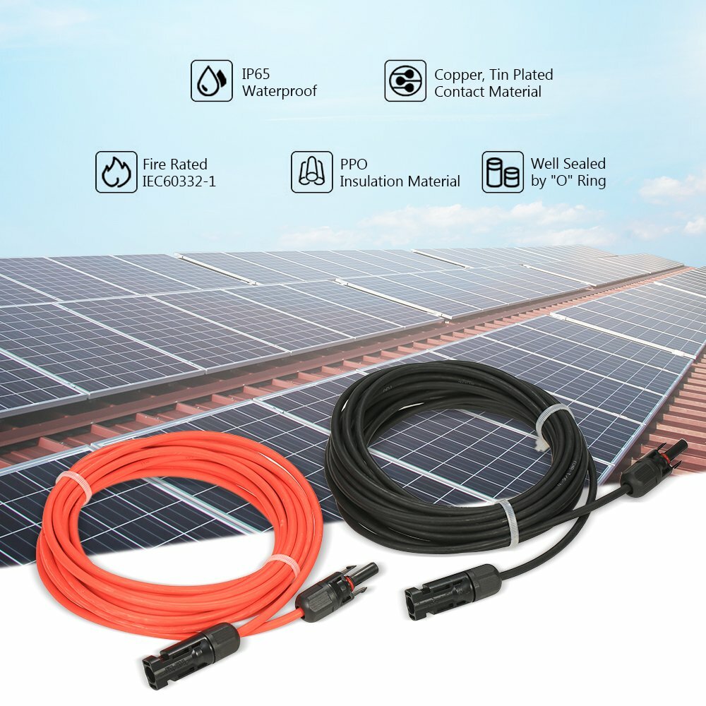 Black+Red 10 AWG Solar Panel Extension Cable Silicone Flexible Wire Connectors