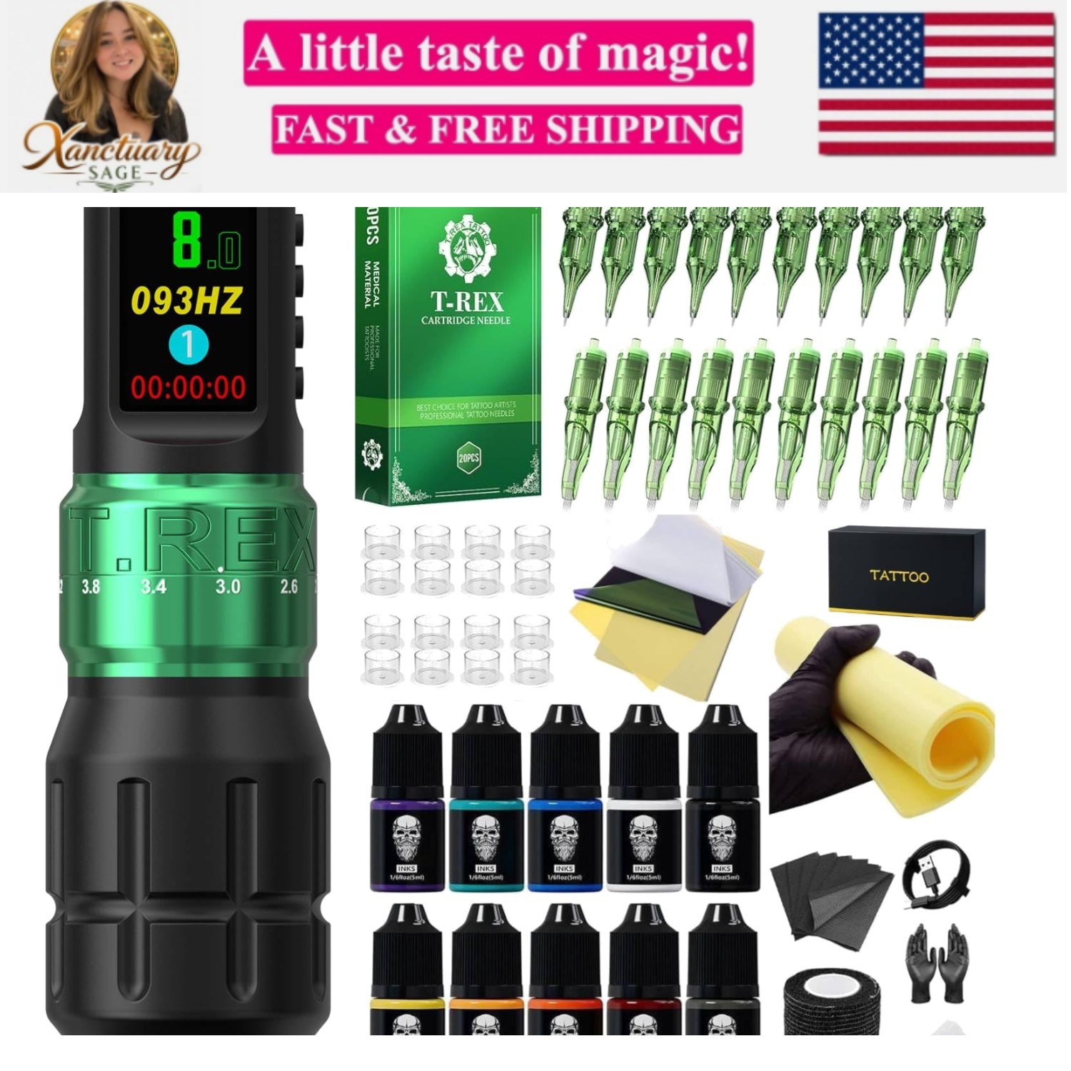 Tattoo Machine Kit, Adjustable Stroke 2.3-4.2mm, 1800mAh Battery, 20 Cartridg...