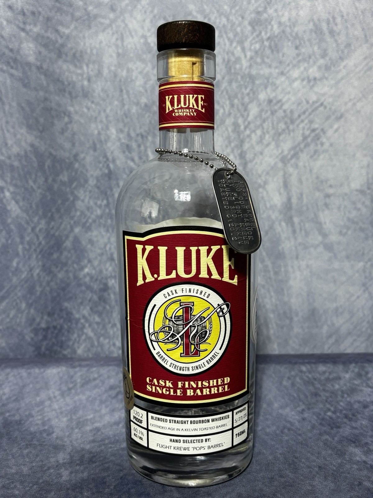 K. Luke Single Barrel Bourbon Whiskey Empty Decorative Decanter Bottle