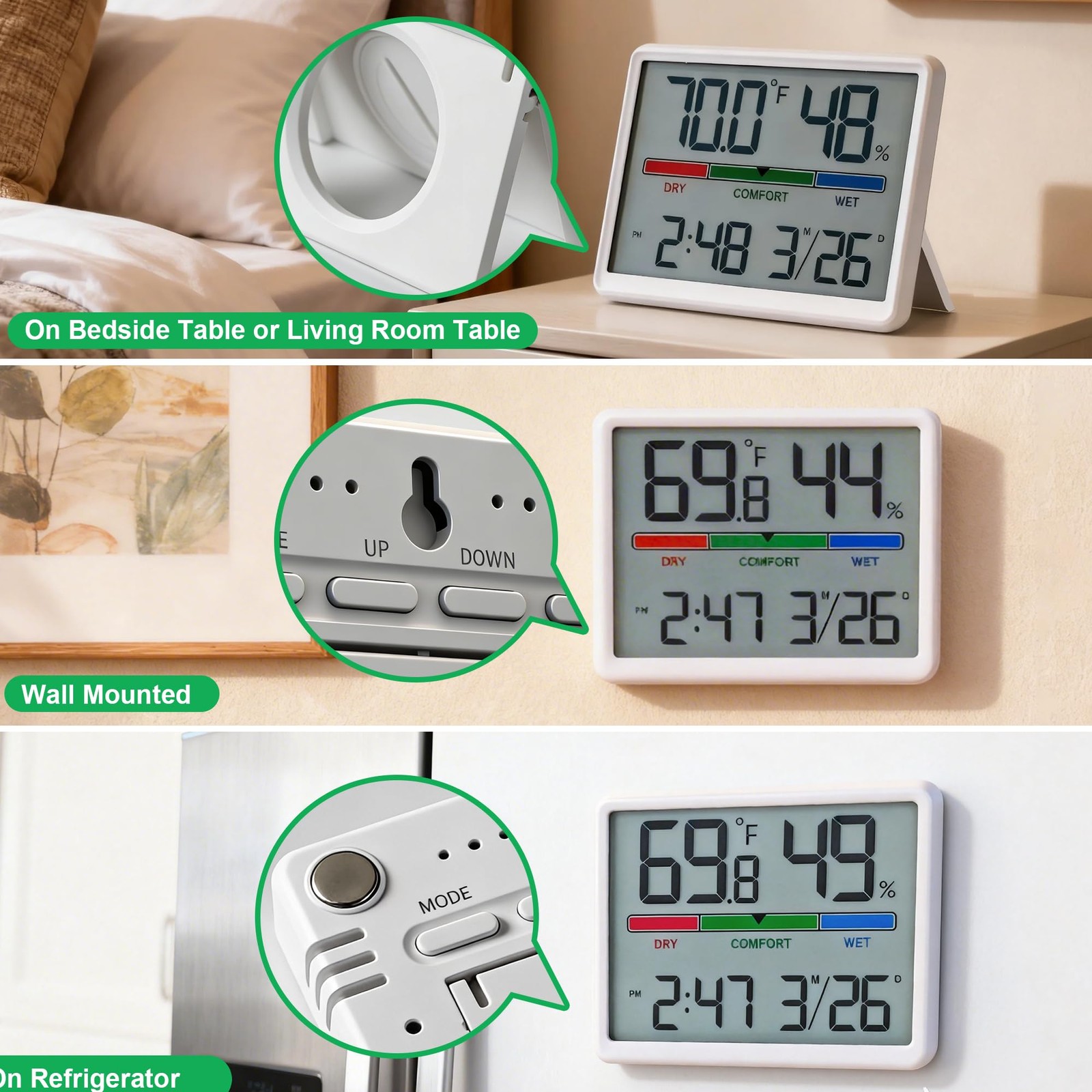 Digital Hygrometer Thermometer Clock Temp Humidity Gauge White