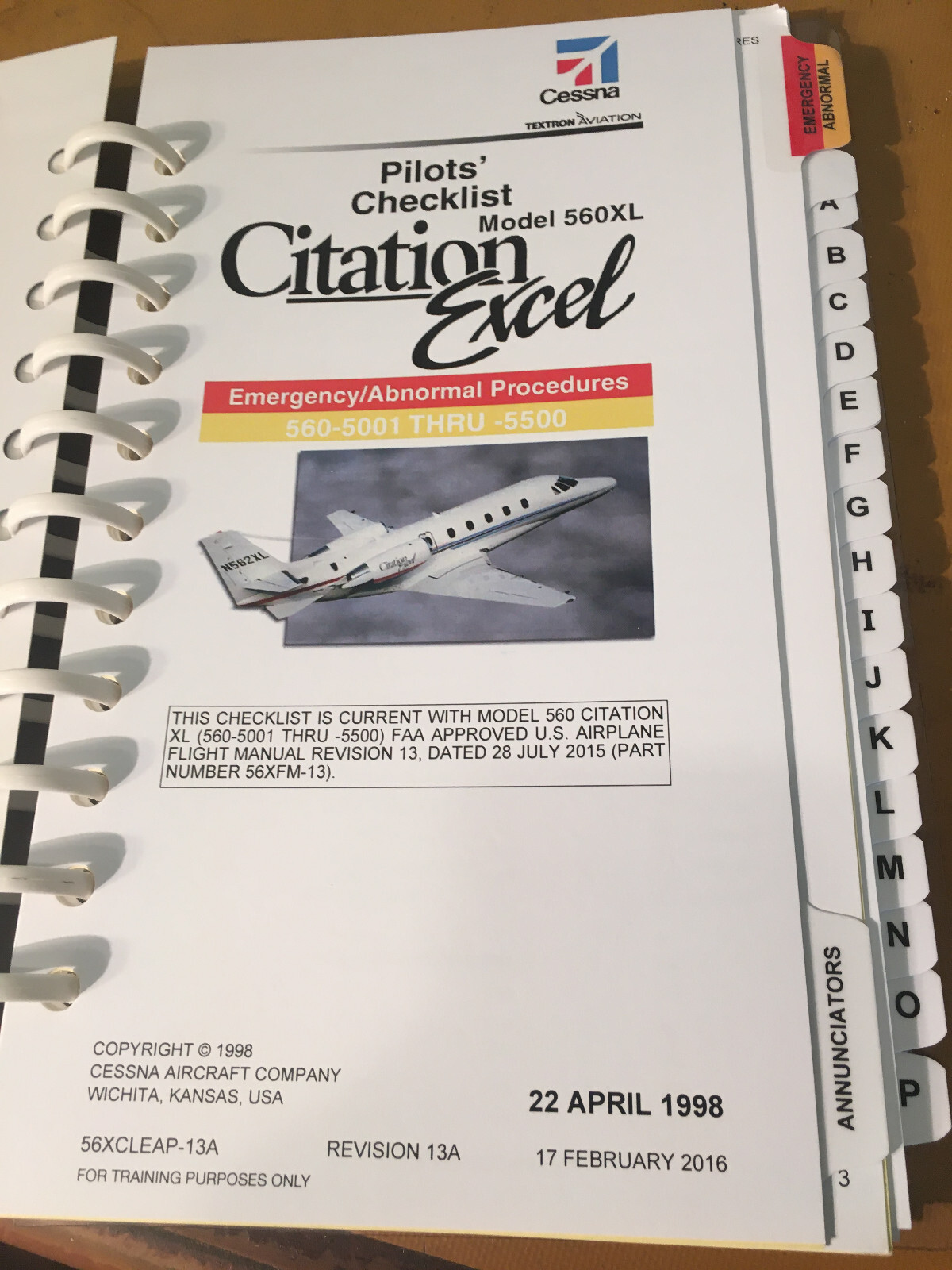 Cessna Citation Excel 560XL Pilot's Emergency /Abnormal Procedures Checklist